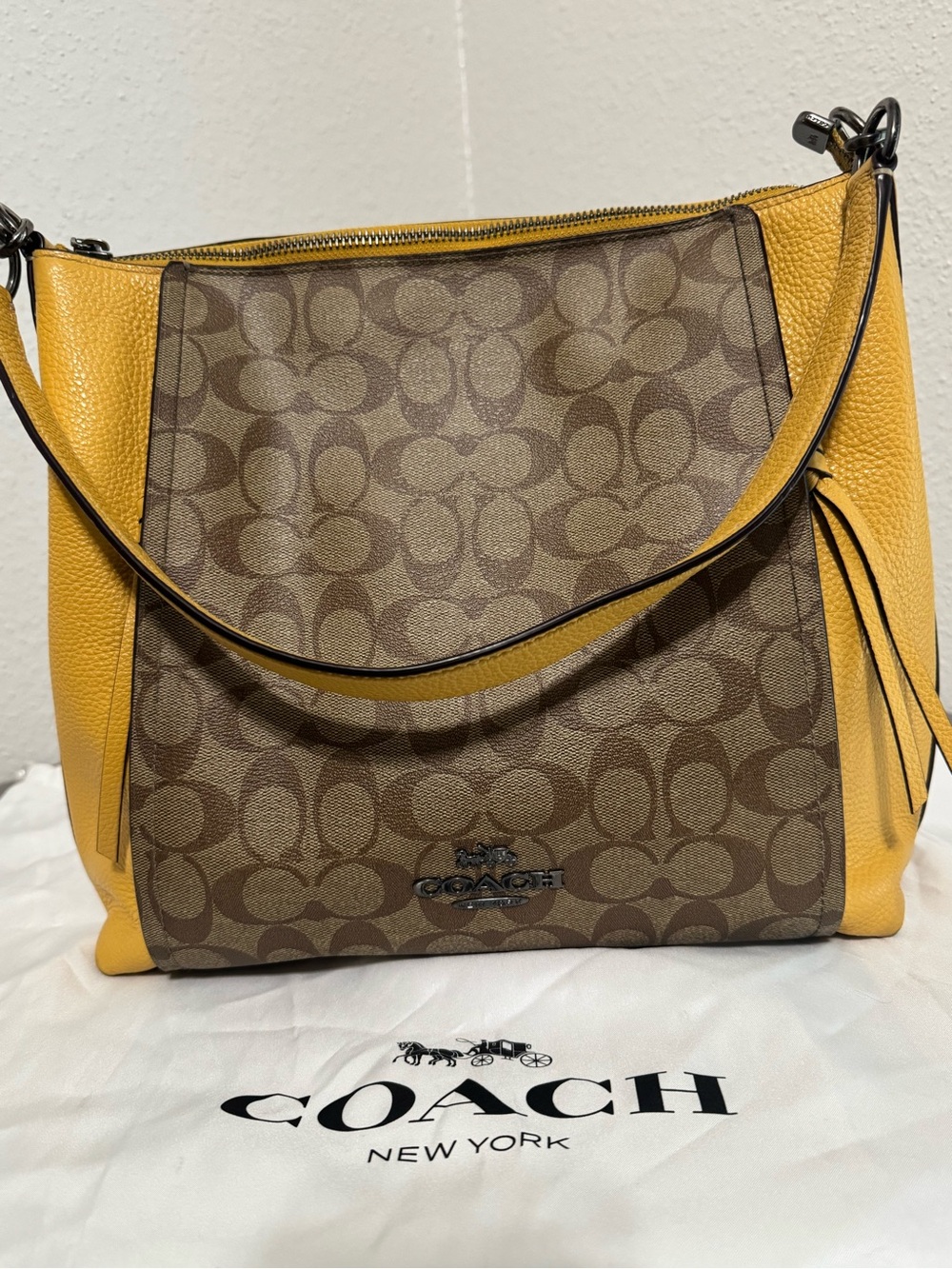 Coach Marlon  Brown Signature Canvas Shoulder Bag with Yellow Trim